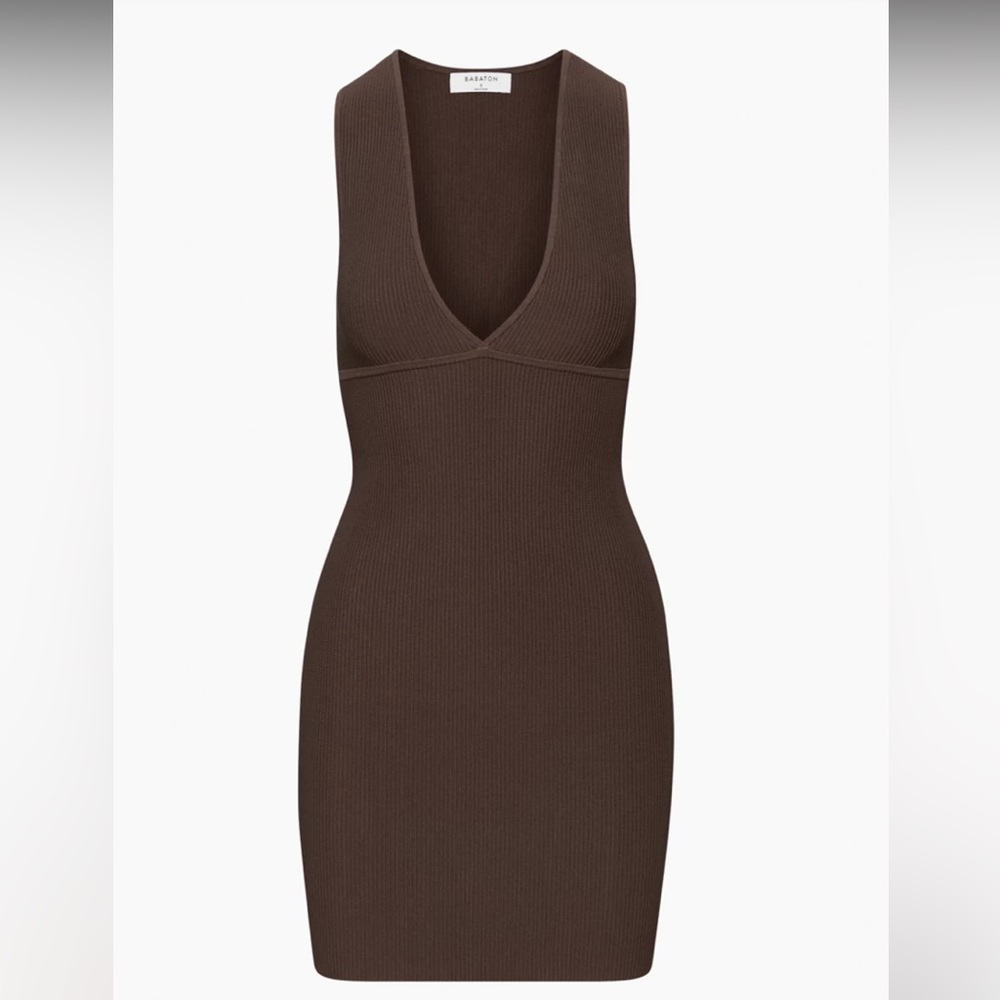 Aritzia Babaton Sculpt Ribbed deep V neck mini dress in Mocha Brown new tags